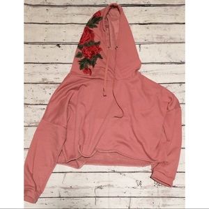 Cropped Rose Colored Hoodie with Rose Embroidery
